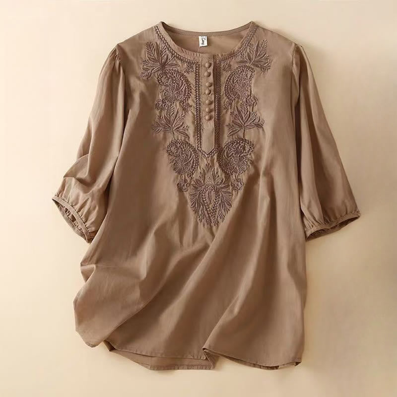 Buddha Stonesカジュアル レディース 刺繍花柄クルーネックデザイン 半袖コットンリネンシャツ - サドルブラウン - US8-10,UK/AU12-14,EU40-42 (2XL) - image 0