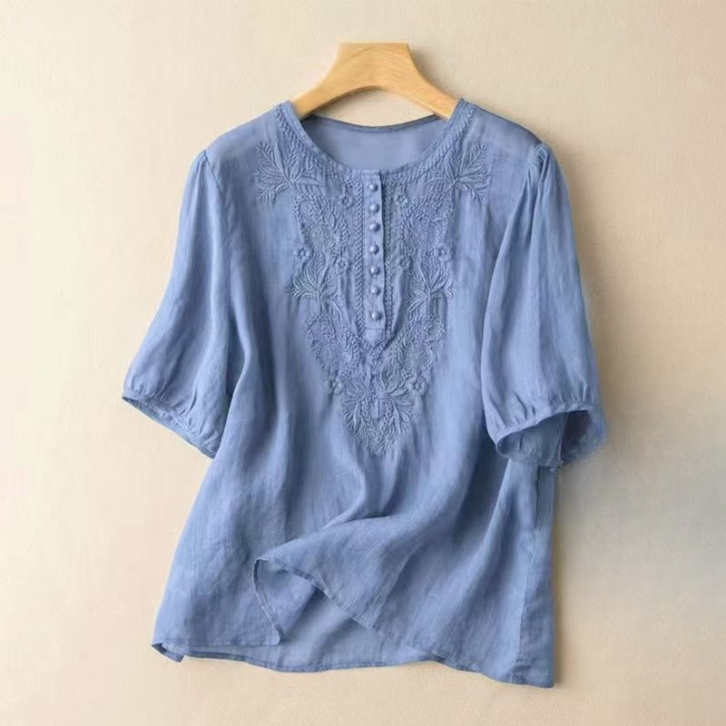 Buddha Stonesカジュアル レディース 刺繍花柄クルーネックデザイン 半袖コットンリネンシャツ - コーンフラワーブルー - US8-10,UK/AU12-14,EU40-42 (2XL) - image 17