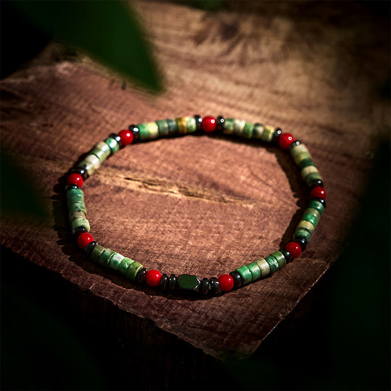 Buddha Stones天然グリーンストーンヘマタイトレッドコーラルパワフルブレスレット