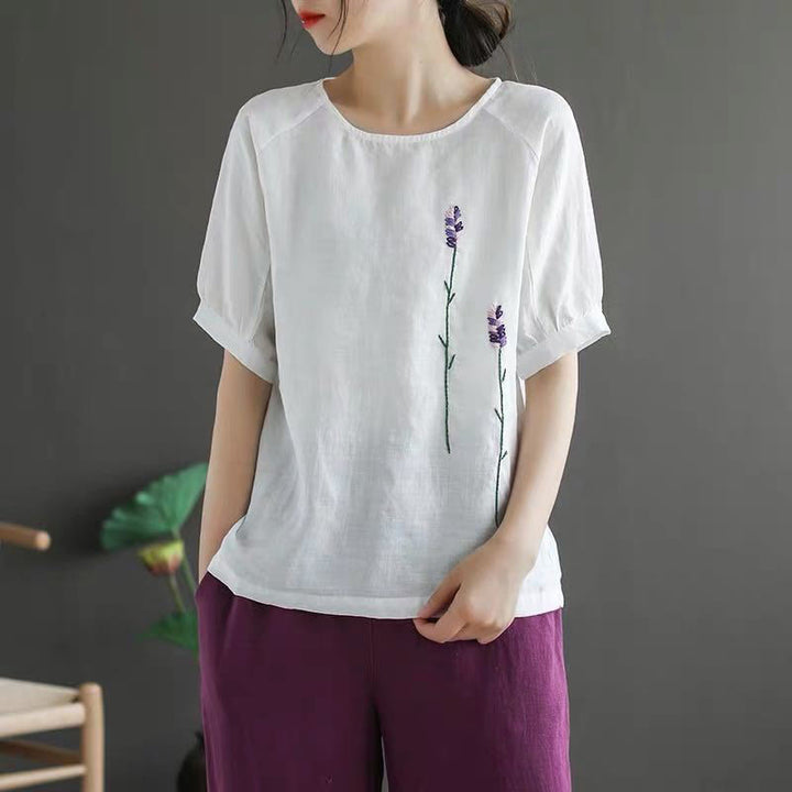 Buddha Stonesサマー ヴィンテージ 刺繍 花柄 レディース クルーネックデザイン コットンリネン Tシャツ - 白 - US8-10,UK/AU12-14,EU40-42 (2XL) - image 13