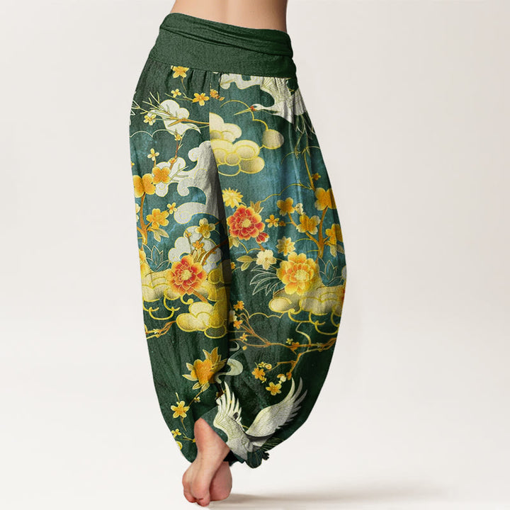 Buddha Stones、吉兆の雲、白鶴、赤花柄デザイン レディース ウエストゴム ハーレムパンツ - image 9