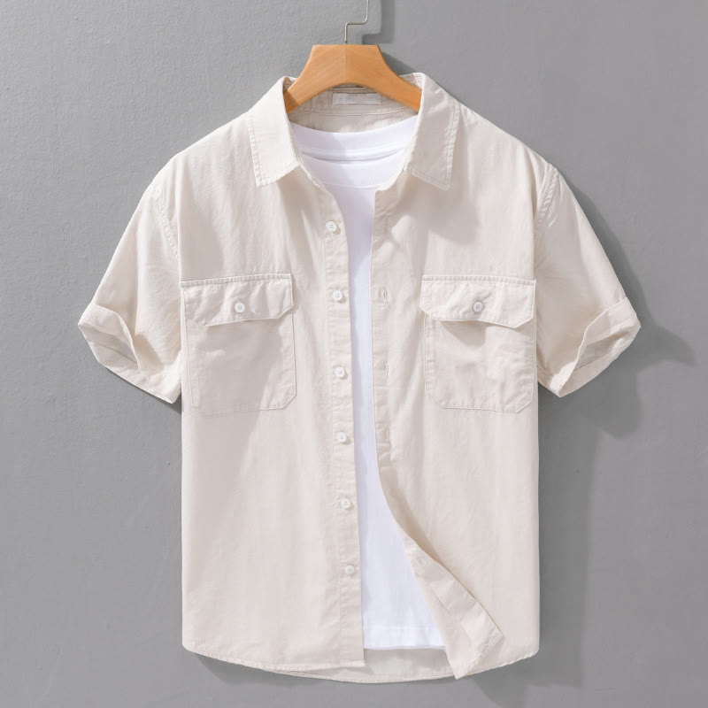 Buddha Stonesデイリーピュアカラーラペルメンズ半袖コットンリネンシャツ(ポケット付き) - ベージュ - US/UK/AU42、 EU52 (3XL) - image 0