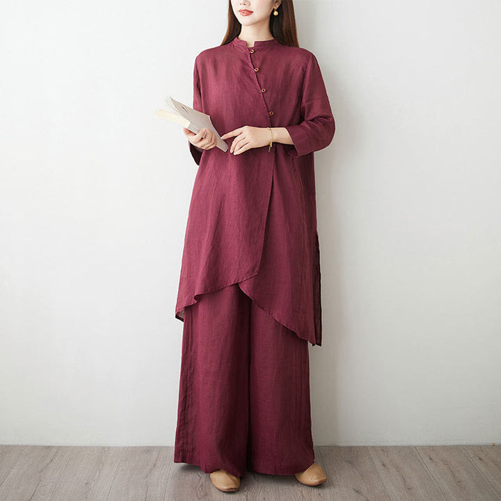 Buddha Stonesカジュアル 2点セット 無地 七分袖 斜め襟 シャツ トップス スカート ポケット付き 瞑想 禅 太極拳服 レディース セット - image 2