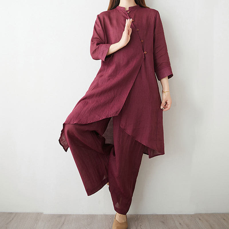 Buddha Stonesカジュアル 2点セット 無地 七分袖 斜め襟 シャツ トップス スカート ポケット付き 瞑想 禅 太極拳服 レディース セット - image 6