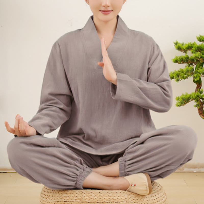 Buddha Stonesカジュアル 2点セット 無地 長袖 しわ加工デザイン シャツ トップス スカート ポケット付き 瞑想 禅 太極拳服 レディース セット