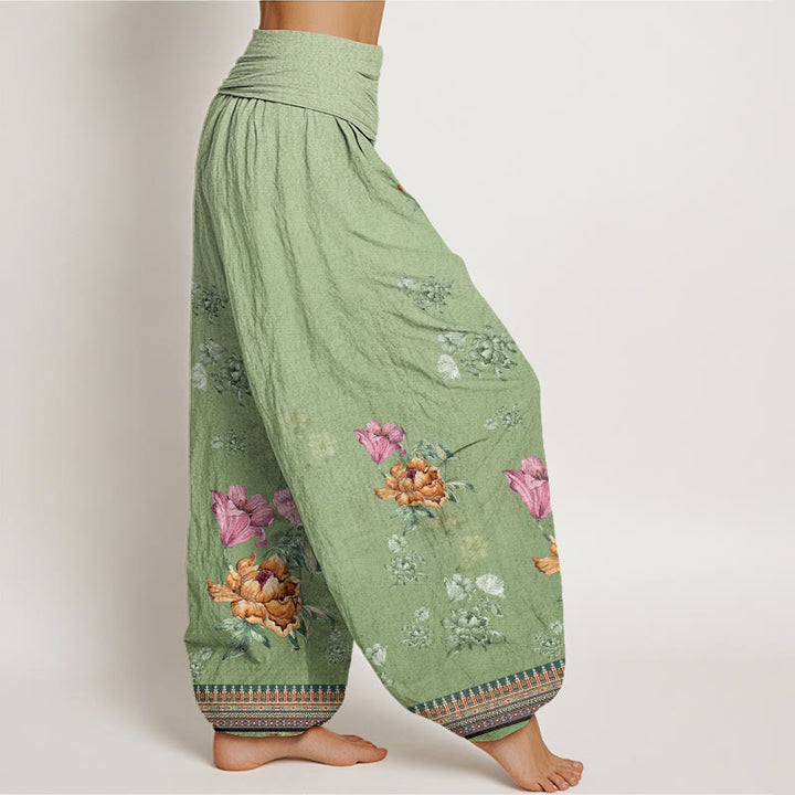 Buddha Stonesカジュアル植物牡丹花びら柄レディース伸縮性ウエストハーレムパンツ - image 2