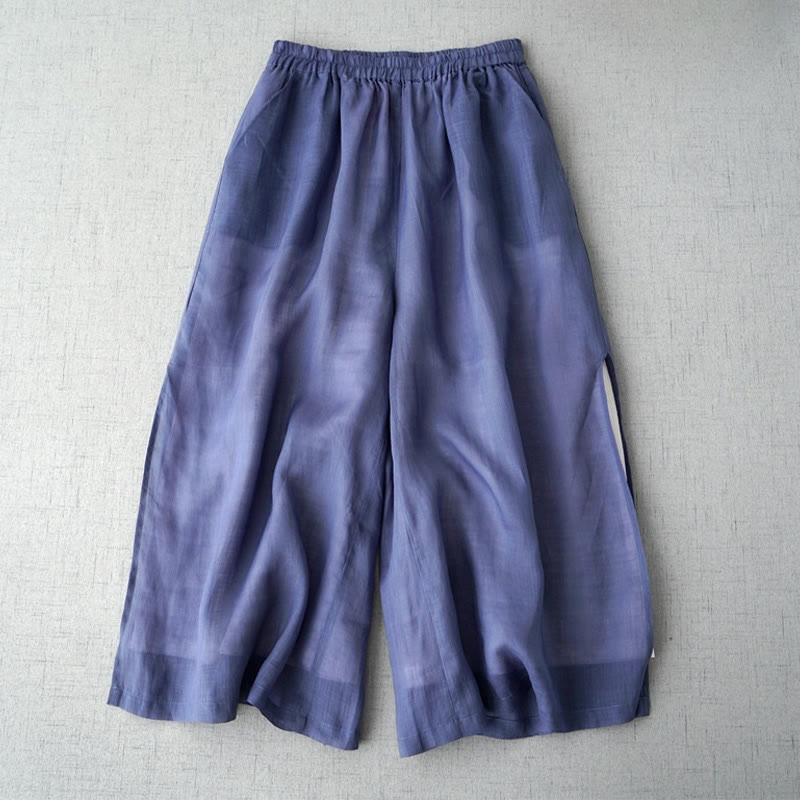 Buddha Stonesカジュアル 無地 ラミー スリット 7-8丈 レディース ワイドレッグパンツ ポケット付き
