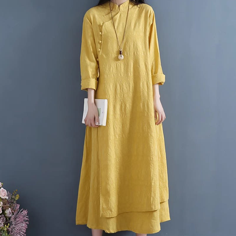 Buddha Stones春のカジュアル 無地 フロッグボタンデザイン サイドレースアップ コットンリネン ミディドレス - image 6