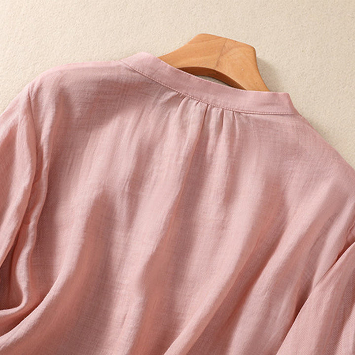 Buddha Stonesカジュアル デイリー 無地 ボタン フリルデザイン スタンドカラー レディース コットン リネン 七分袖 シャツ カーディガン - image 26