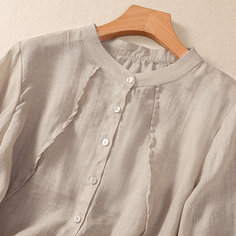 Buddha Stonesカジュアル デイリー 無地 ボタン フリルデザイン スタンドカラー レディース コットン リネン 七分袖 シャツ カーディガン - image 9