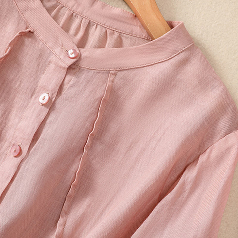 Buddha Stonesカジュアル デイリー 無地 ボタン フリルデザイン スタンドカラー レディース コットン リネン 七分袖 シャツ カーディガン - image 25