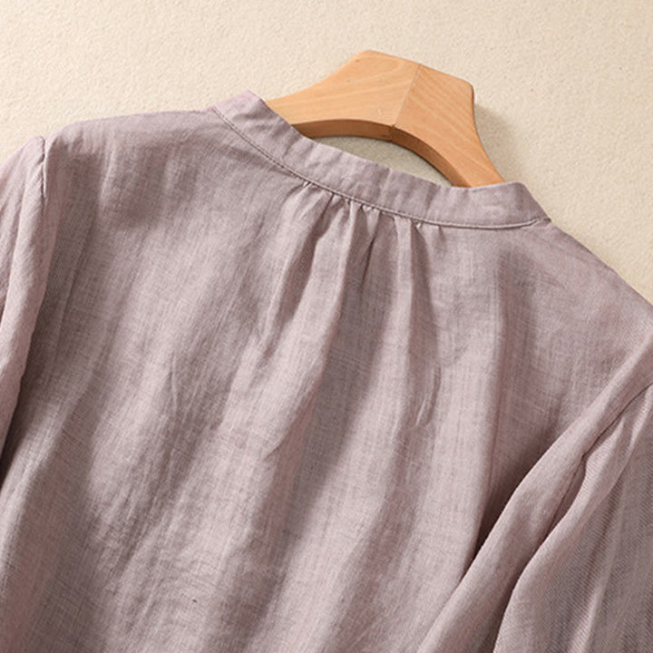 Buddha Stonesカジュアル デイリー 無地 ボタン フリルデザイン スタンドカラー レディース コットン リネン 七分袖 シャツ カーディガン - image 3