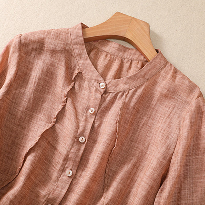 Buddha Stonesカジュアル デイリー 無地 ボタン フリルデザイン スタンドカラー レディース コットン リネン 七分袖 シャツ カーディガン - image 17