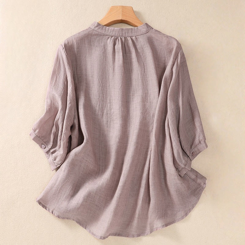 Buddha Stonesカジュアル デイリー 無地 ボタン フリルデザイン スタンドカラー レディース コットン リネン 七分袖 シャツ カーディガン - image 1