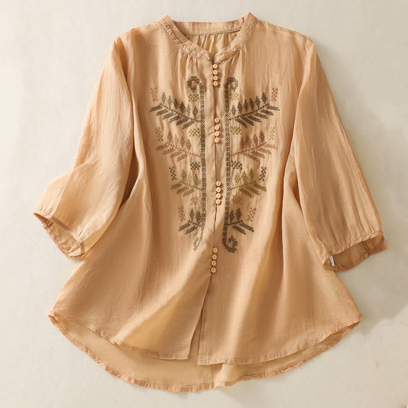 Buddha Stonesカジュアル アーティスティック 刺繍 葉っぱ柄 レディース コットンリネン 七分袖 シャツ カーディガン - オレンジ - US8-10,UK/AU12-14,EU40-42 (2XL) - image 0