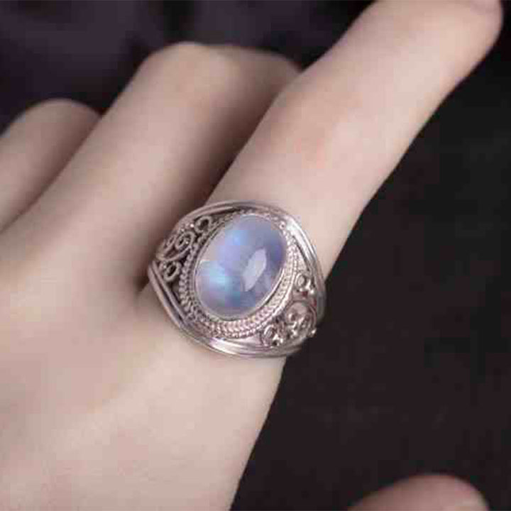 Buddha Stones 925スターリングシルバー ハンドメイド 天然ムーンストーン ヒーリング 調節可能リング