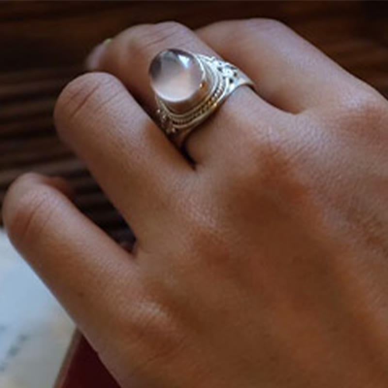 Buddha Stones 925スターリングシルバー ハンドメイド 天然ローズクォーツ 愛のエネルギー 調節可能リング