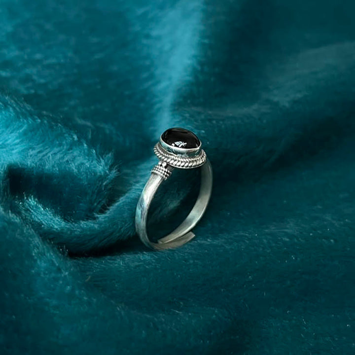 Buddha Stones 925スターリングシルバー ハンドメイド ブラックオニキス幸運繁栄調節可能リング