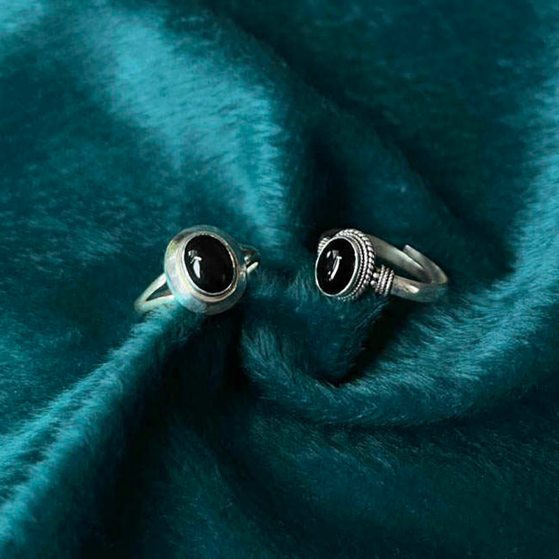 Buddha Stones 925スターリングシルバー ハンドメイド ブラックオニキス幸運繁栄調節可能リング