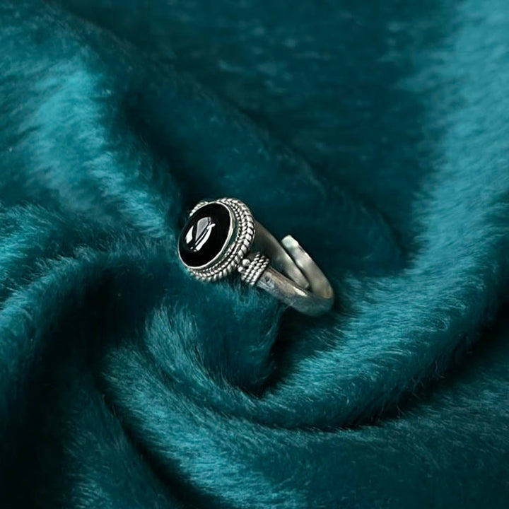 Buddha Stones 925スターリングシルバー ハンドメイド ブラックオニキス幸運繁栄調節可能リング