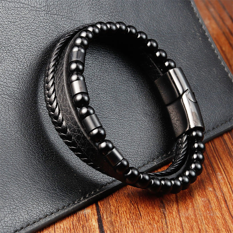 Buddha Stonesフロストストーン多層レザーチタンスチールバランスバックルブレスレット