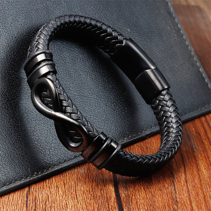 Buddha Stonesエンドレスノットデザインチタン鋼強化編み込みレザーバックルブレスレット