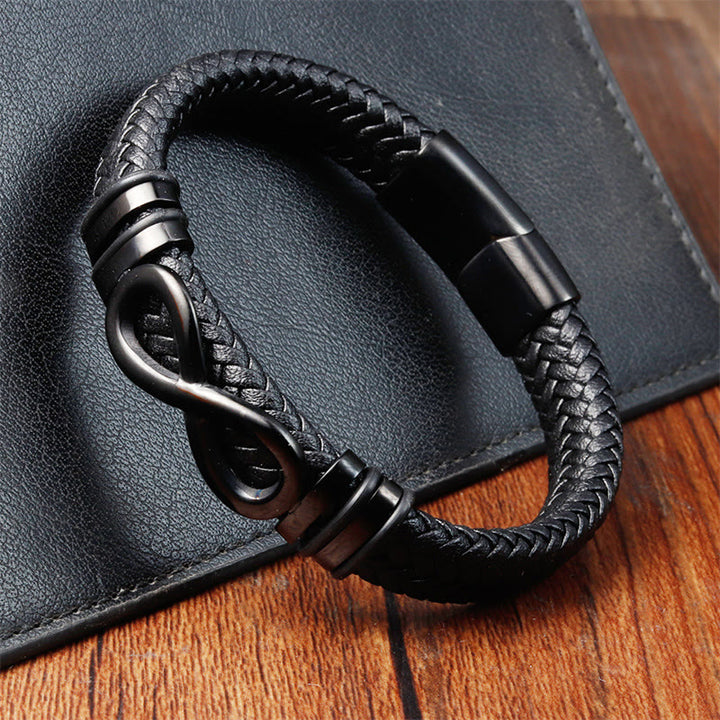 Buddha Stonesエンドレスノットデザインチタン鋼強化編み込みレザーバックルブレスレット