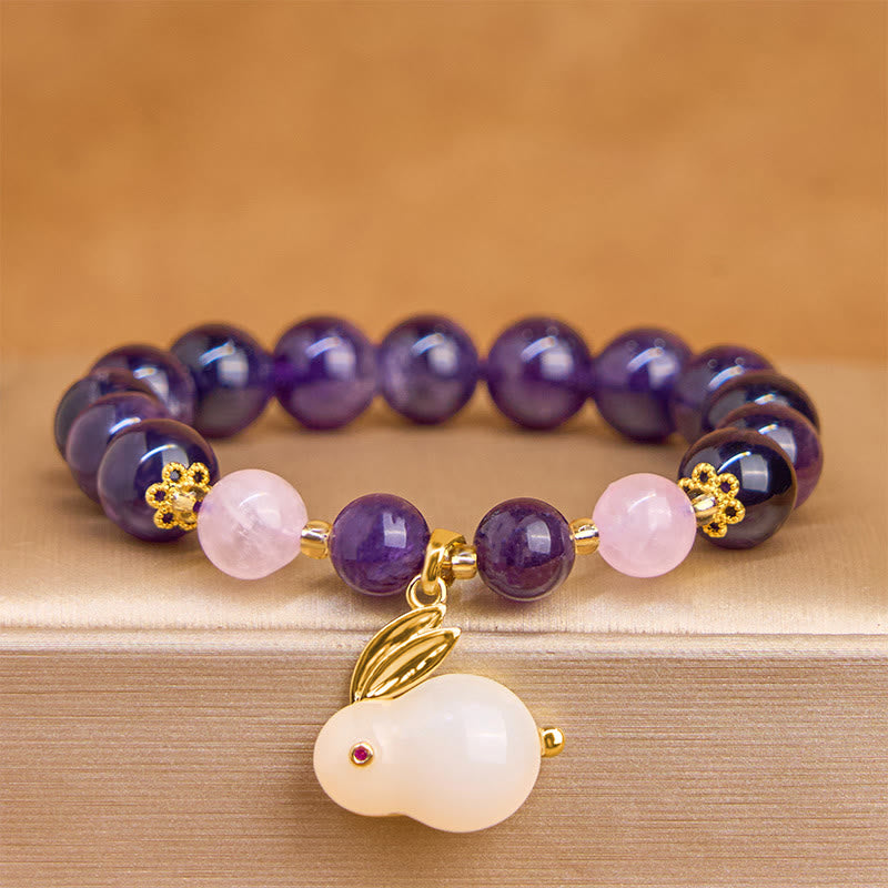 Buddha Stones天然アメジストウサギビーズ内なる平和ブレスレット