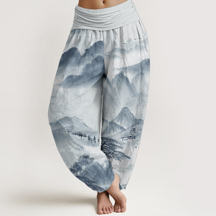 Buddha Stones純綿 山 木 風景 水墨画 レディース 伸縮性ウエスト ハーレムパンツ