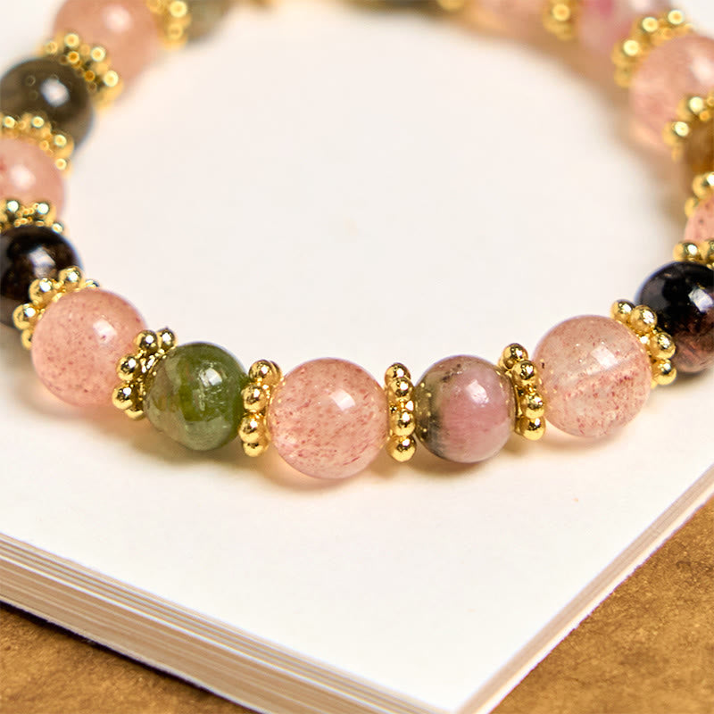 Buddha Stones天然ストロベリークォーツ クリスタルビーズ ポジティブキーチェーン 携帯電話用吊り下げ装飾