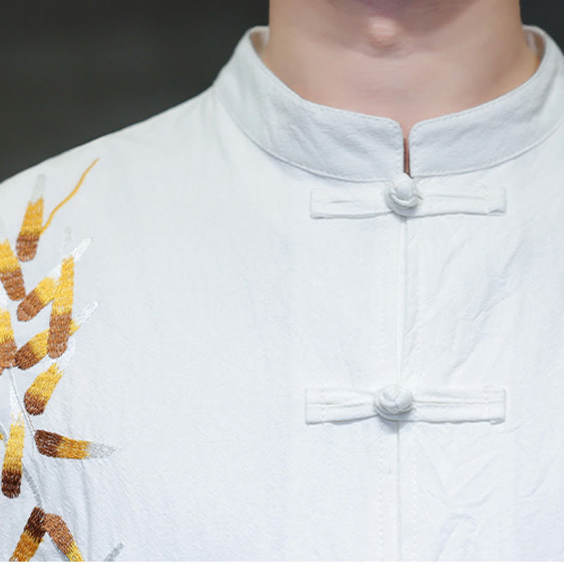 Buddha Stones刺繍メンズ中国風フロッグボタン七分袖シャツ