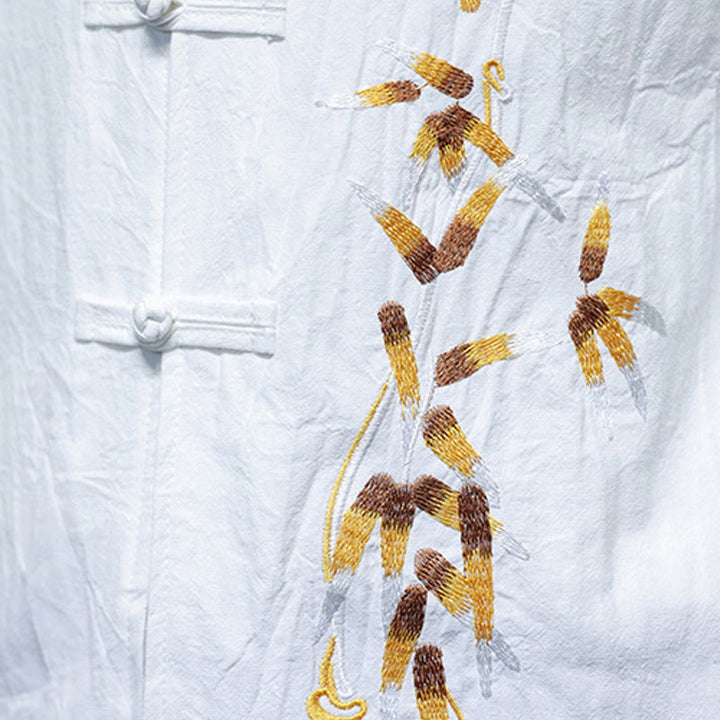 Buddha Stones刺繍メンズ中国風フロッグボタン七分袖シャツ