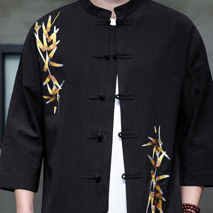 Buddha Stones刺繍メンズ中国風フロッグボタン七分袖シャツ