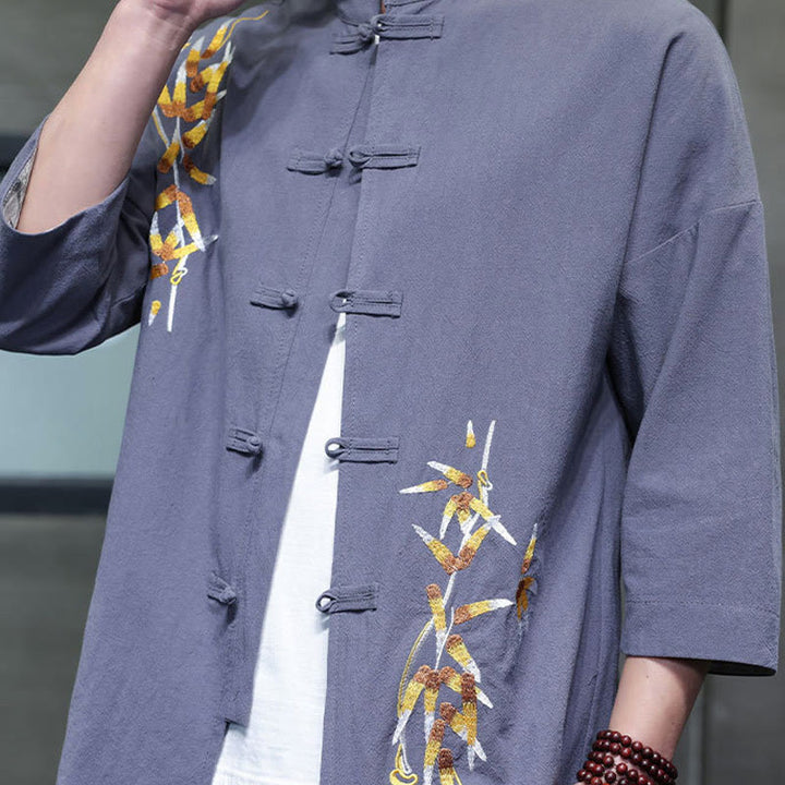 Buddha Stones刺繍メンズ中国風フロッグボタン七分袖シャツ