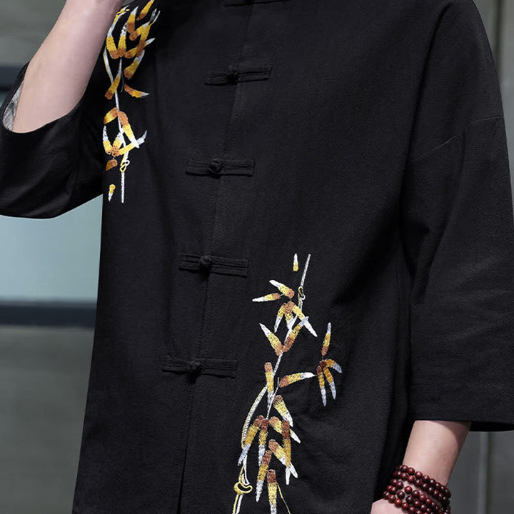 Buddha Stones刺繍メンズ中国風フロッグボタン七分袖シャツ