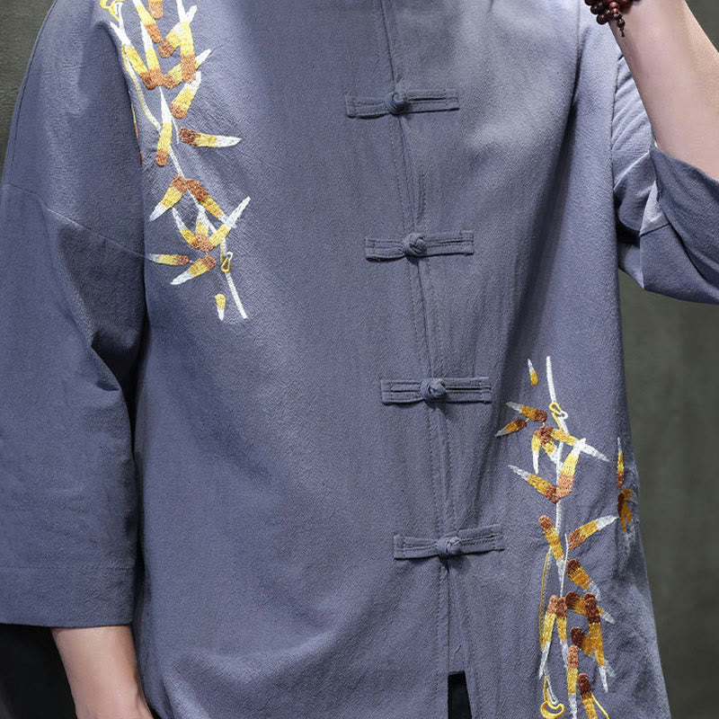 Buddha Stones刺繍メンズ中国風フロッグボタン七分袖シャツ