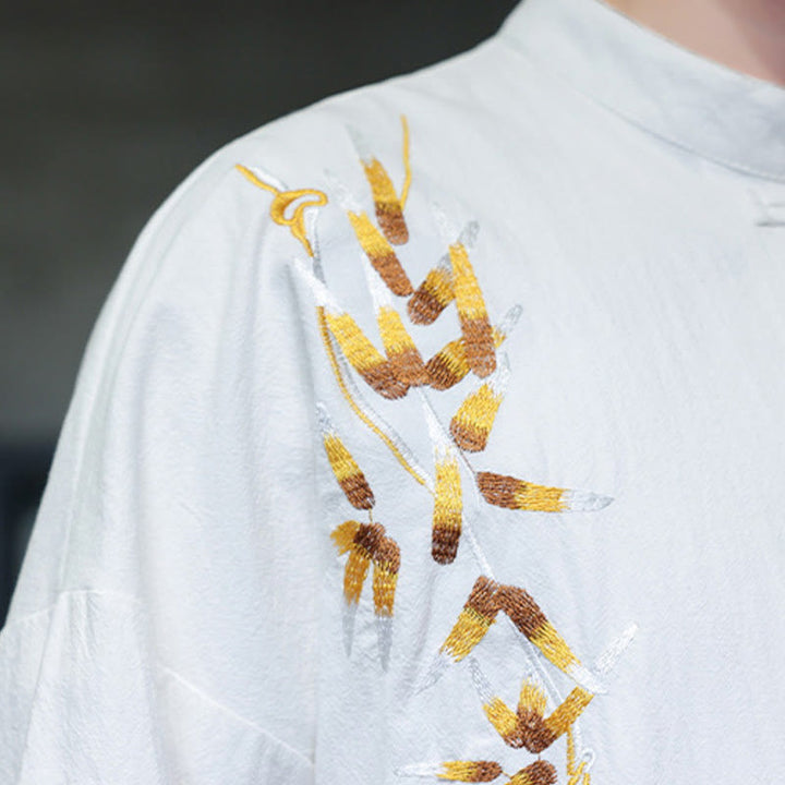 Buddha Stones刺繍メンズ中国風フロッグボタン七分袖シャツ