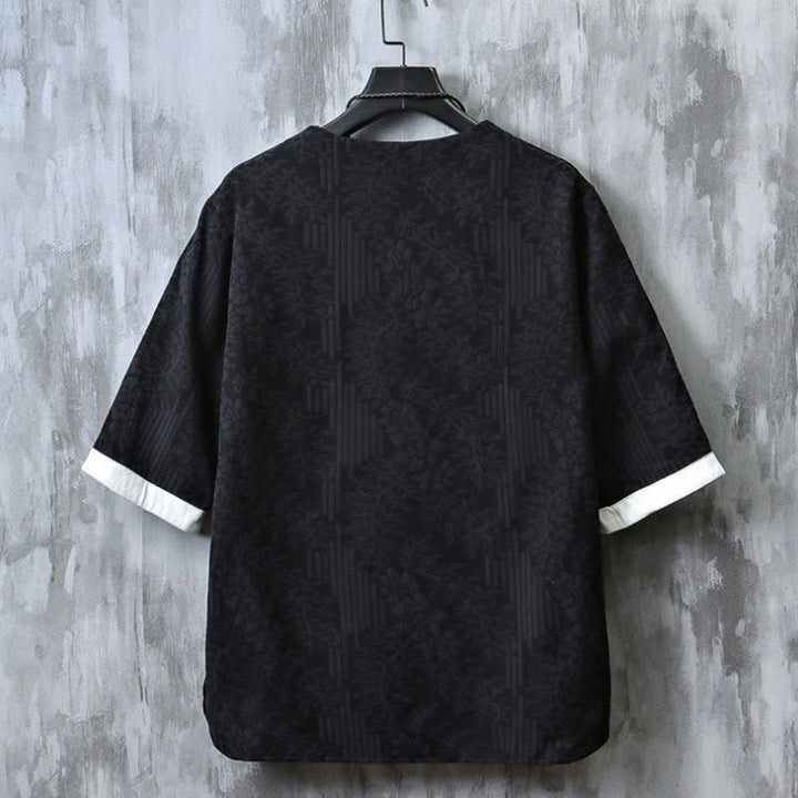 Buddha Stonesカジュアル レトロ ジャカード 中国風 カエルボタンデザイン メンズ クルーネック 半袖 コットンシャツ