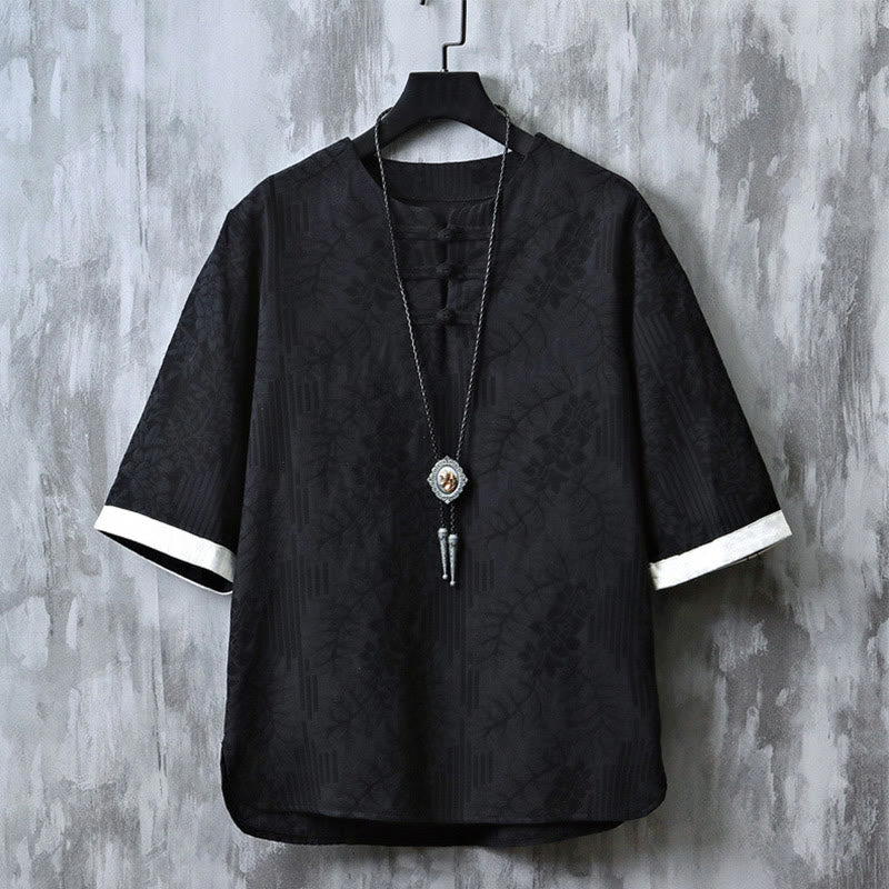 Buddha Stonesカジュアル レトロ ジャカード 中国風 カエルボタンデザイン メンズ クルーネック 半袖 コットンシャツ