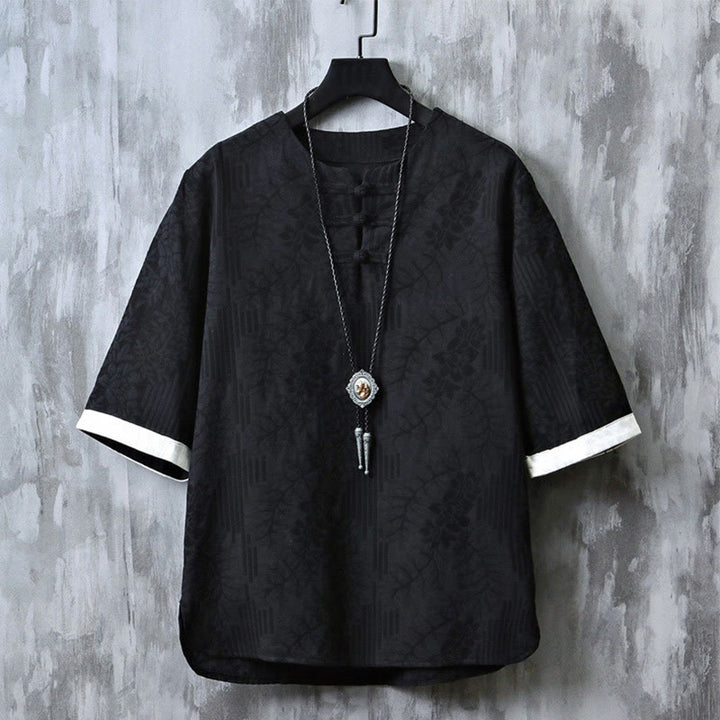 Buddha Stonesカジュアル レトロ ジャカード 中国風 カエルボタンデザイン メンズ クルーネック 半袖 コットンシャツ