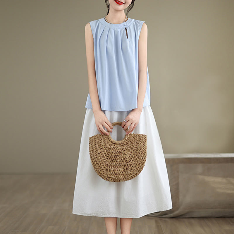 Buddha Stones夏 無地 プリーツデザイン ホルターネック ノースリーブ コットンリネン レディース ベスト