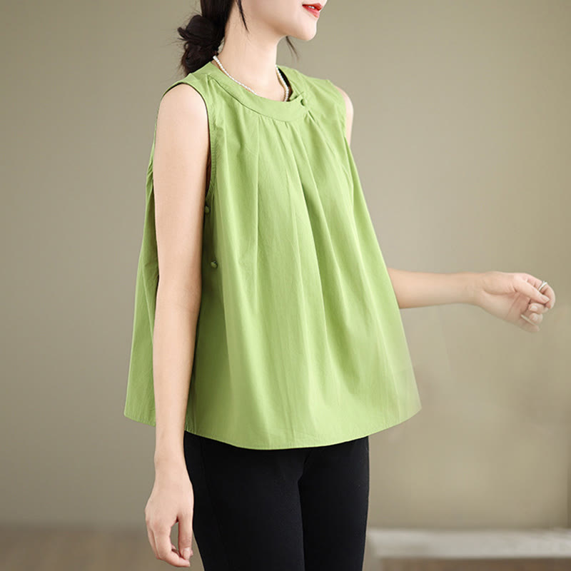 Buddha Stones夏 無地 プリーツデザイン ホルターネック ノースリーブ コットンリネン レディース ベスト