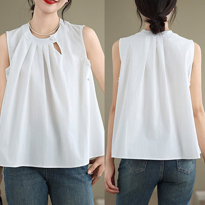 Buddha Stones夏 無地 プリーツデザイン ホルターネック ノースリーブ コットンリネン レディース ベスト