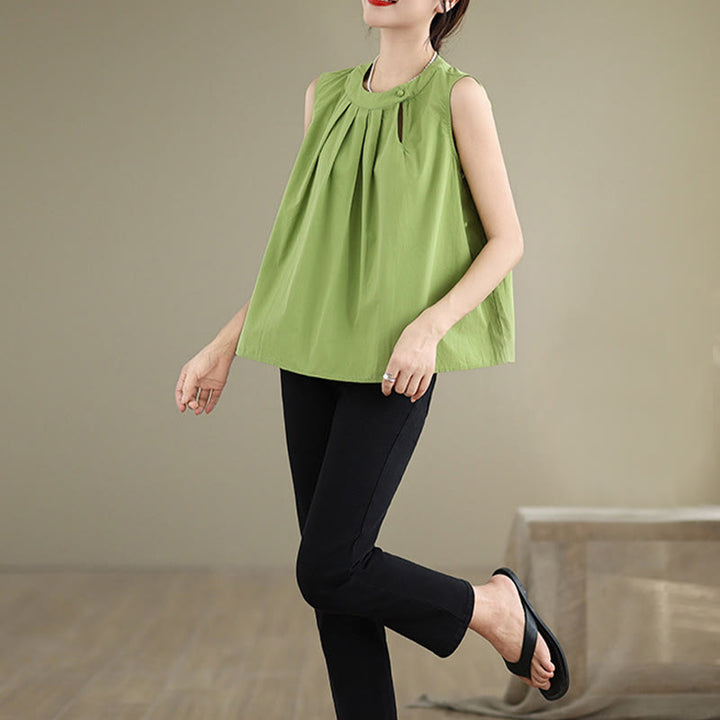 Buddha Stones夏 無地 プリーツデザイン ホルターネック ノースリーブ コットンリネン レディース ベスト