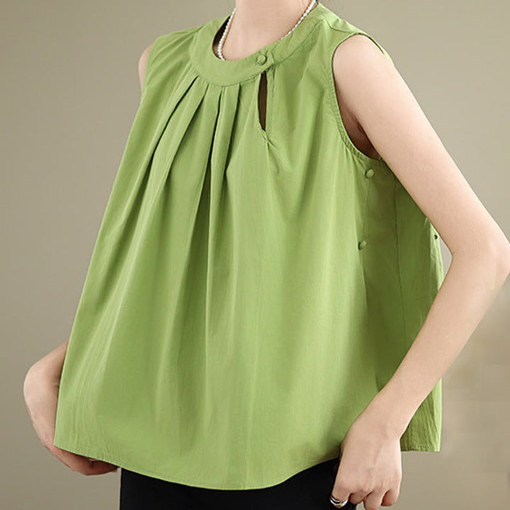 Buddha Stones夏 無地 プリーツデザイン ホルターネック ノースリーブ コットンリネン レディース ベスト