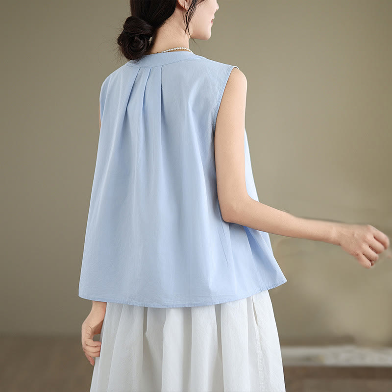 Buddha Stones夏 無地 プリーツデザイン ホルターネック ノースリーブ コットンリネン レディース ベスト