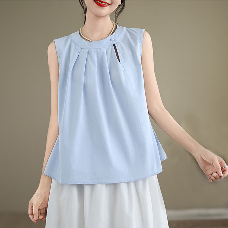 Buddha Stones夏 無地 プリーツデザイン ホルターネック ノースリーブ コットンリネン レディース ベスト