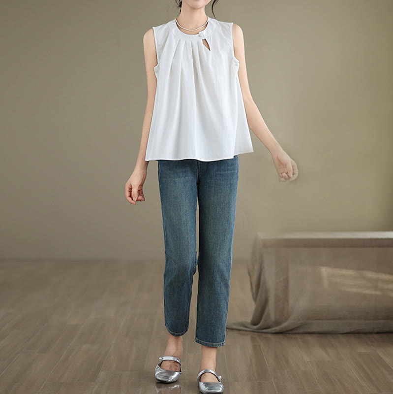 Buddha Stones夏 無地 プリーツデザイン ホルターネック ノースリーブ コットンリネン レディース ベスト