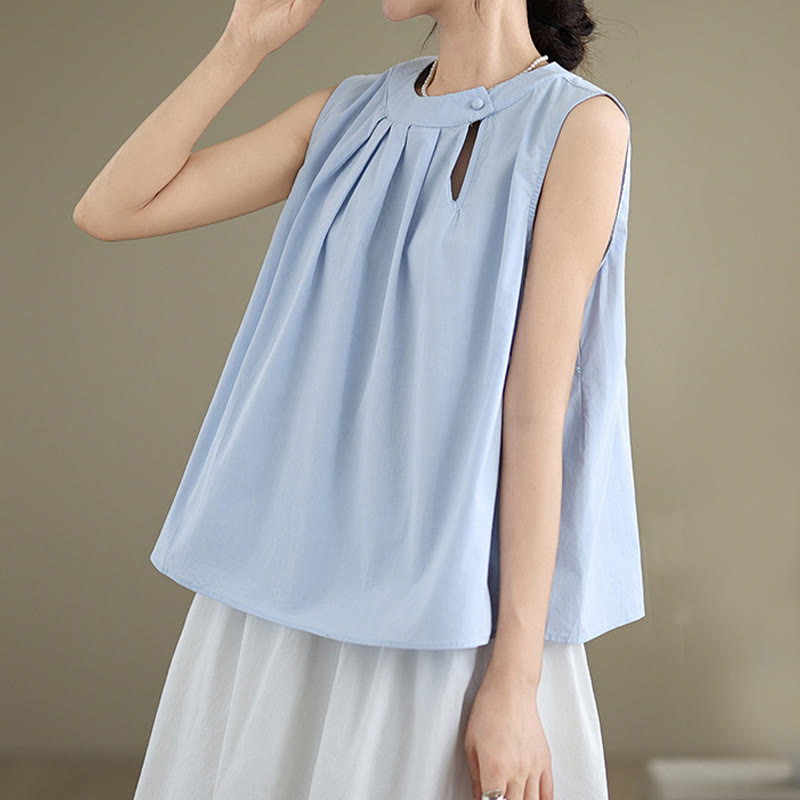 Buddha Stones夏 無地 プリーツデザイン ホルターネック ノースリーブ コットンリネン レディース ベスト