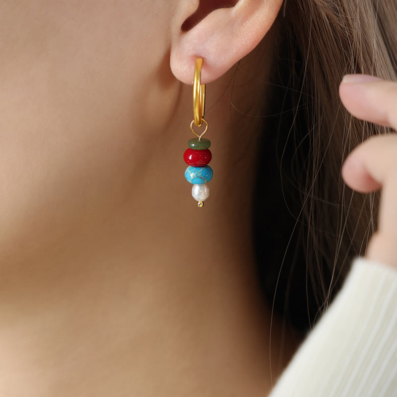 Buddha Stonesチベット マルニ石デザイン 天然赤瑪瑙パール コンフィデンス チタンスチールイヤリング